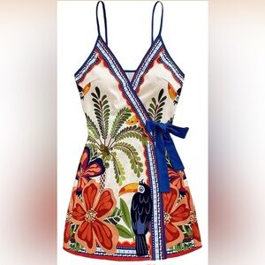 Tropical Print Mini Summer Wrap V Neck Bow Tie